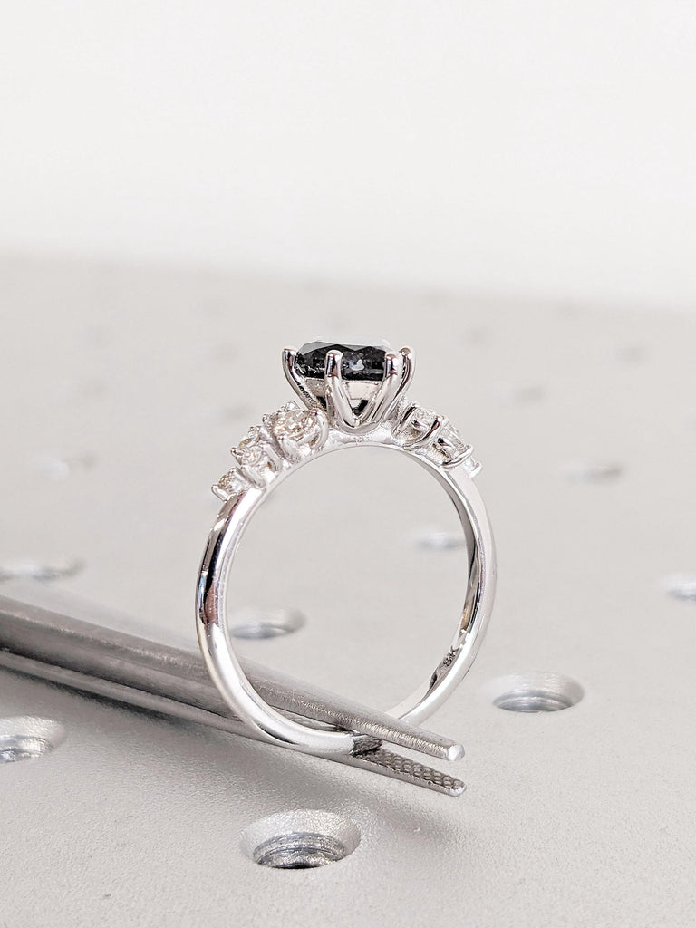 Unique Pear cut Salt and Pepper Diamond Engagement Ring | Snowdrift Lab Created Diamond Cluster Promise Ring | 6 Prong Wedding Ring for Her