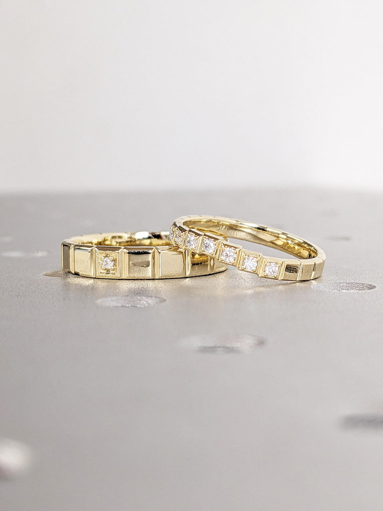 Gold Wedding Band for Her, Diamond Anniversary Ring for Him, Unique 14k Yellow Gold Promise Ring, Lab Diamond Ring, Birthday Gift for Couple