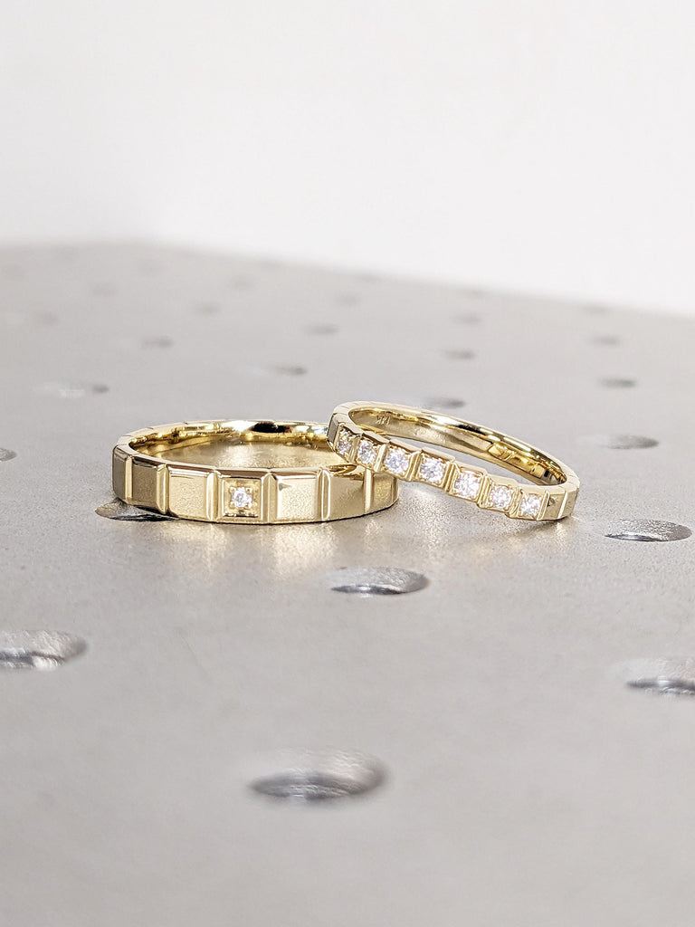 14k Yellow Gold His and Hers Rings | Dainty Moissanite Wedding Ring | Unique Couple Ring | Geometric Ring | Personalized Gifts for Couples