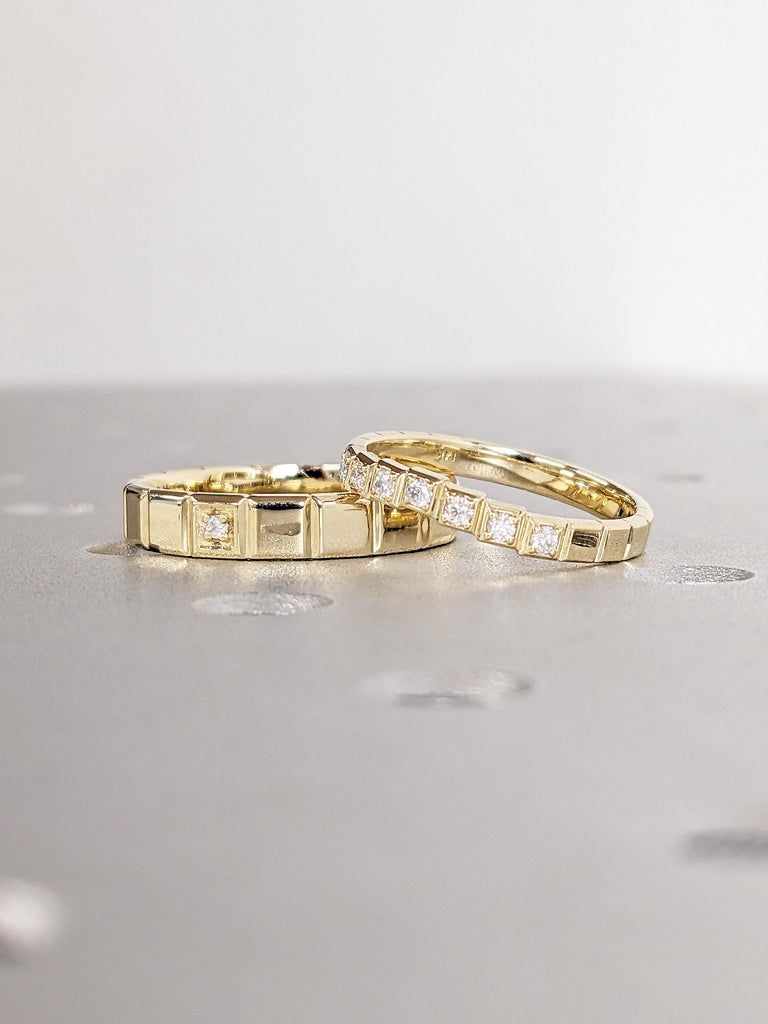 14k Yellow Gold His and Hers Rings | Dainty Moissanite Wedding Ring | Unique Couple Ring | Geometric Ring | Personalized Gifts for Couples