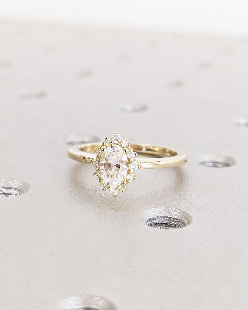 Unique Oval Halo Ring | Lab Created Diamond Solitaire Proposal Ring | Real Yellow Gold Wedding Ring for Wife | Sparkling Diamond Bridal Ring