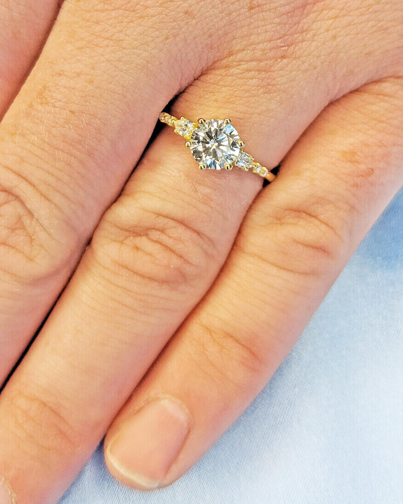 Unique Round and Pear cut Lab Diamond Cluster Promise Ring, Delicate 14K Yellow Gold Tapered Band, Vintage Lab Diamond Engagement Ring Gift