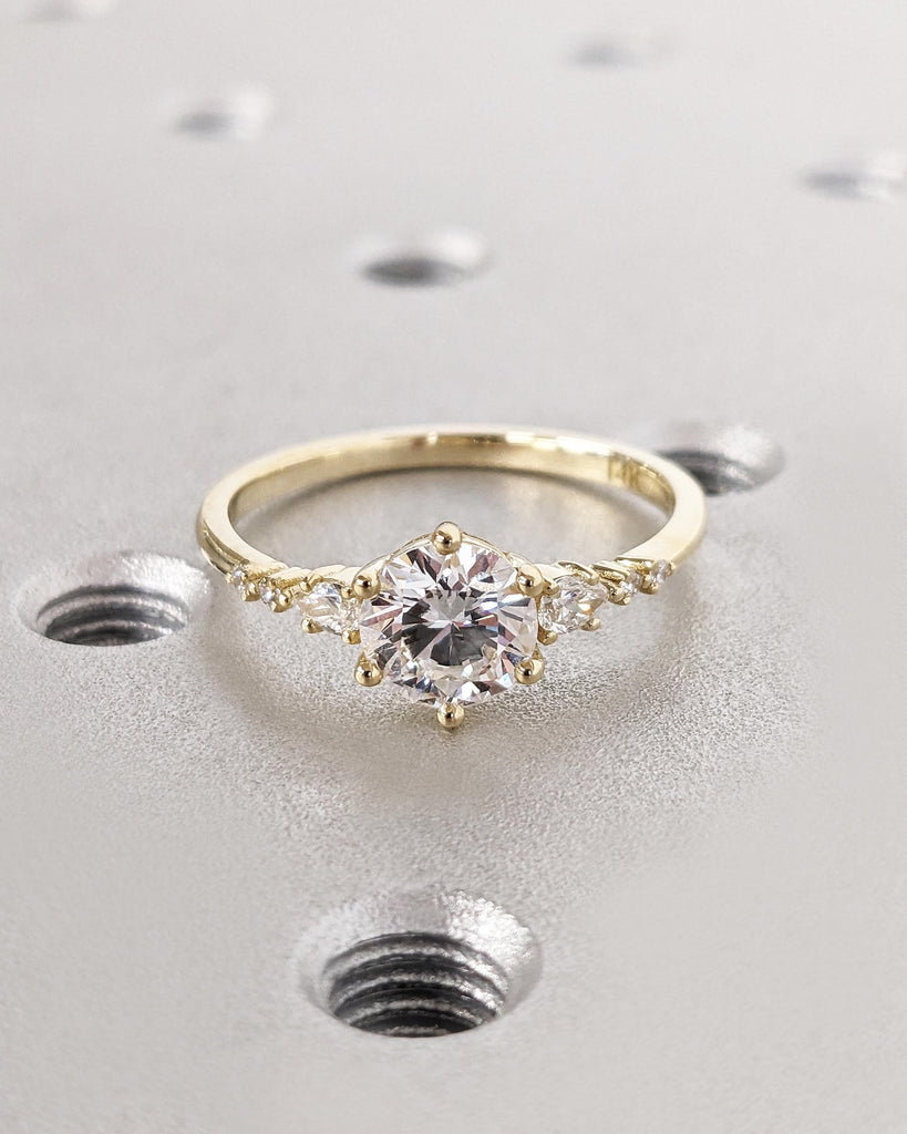 Unique Round and Pear cut Lab Diamond Cluster Promise Ring, Delicate 14K Yellow Gold Tapered Band, Vintage Lab Diamond Engagement Ring Gift