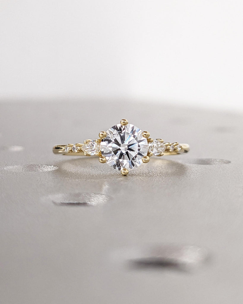 Unique Round and Pear cut Lab Diamond Cluster Promise Ring, Delicate 14K Yellow Gold Tapered Band, Vintage Lab Diamond Engagement Ring Gift