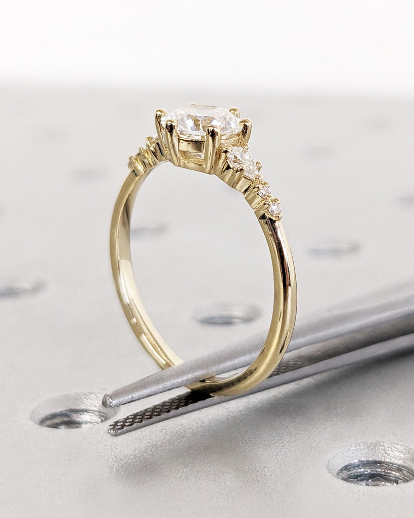 Unique Round and Pear cut Lab Diamond Cluster Promise Ring, Delicate 14K Yellow Gold Tapered Band, Vintage Lab Diamond Engagement Ring Gift