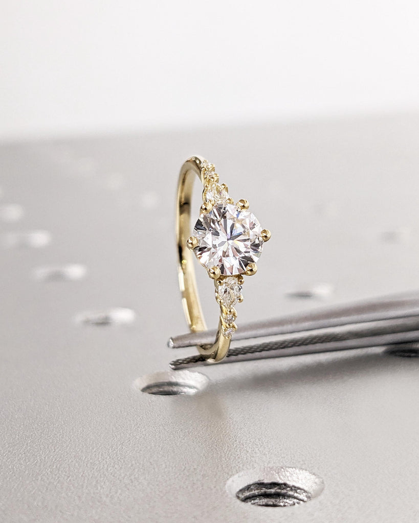 Unique Round and Pear cut Lab Diamond Cluster Promise Ring, Delicate 14K Yellow Gold Tapered Band, Vintage Lab Diamond Engagement Ring Gift