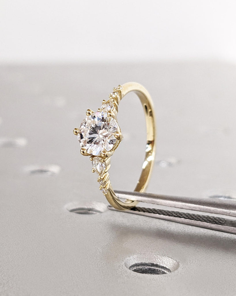 Unique Round and Pear cut Moissanite Cluster Promise Ring | Delicate 14K Yellow Gold Tapered Band | Vintage Moissanite Engagement Ring Gift