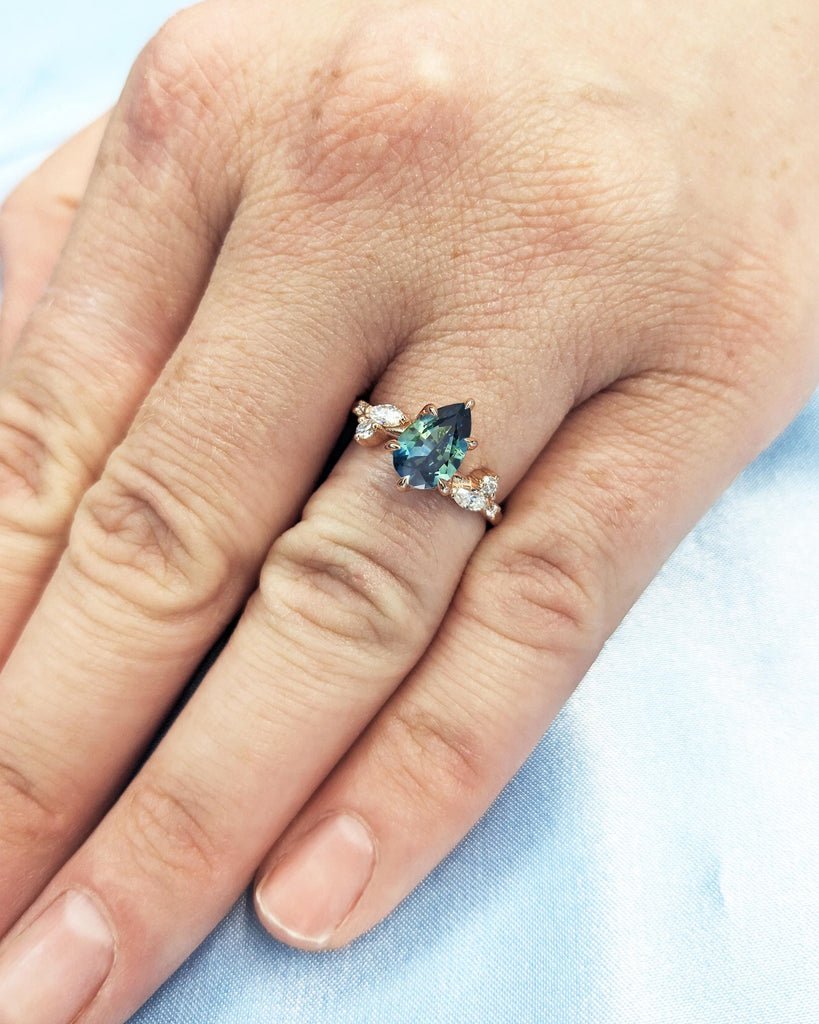 Pear Cut Nature Engagement Ring, Peacock Blue Green Teal Sapphire Ring, Leaf Shape Diamond Accents, Dainty Leaf Ring, Rose Gold Promise Ring