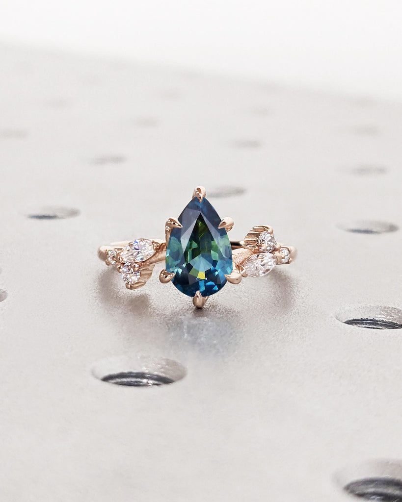 Nature Leaf Twig Flower Ring, Pear Sapphire Engagement Ring, Peacock Green Blue Sapphire, Leaf Shape Diamond Accents, Rose Gold Ring For Her