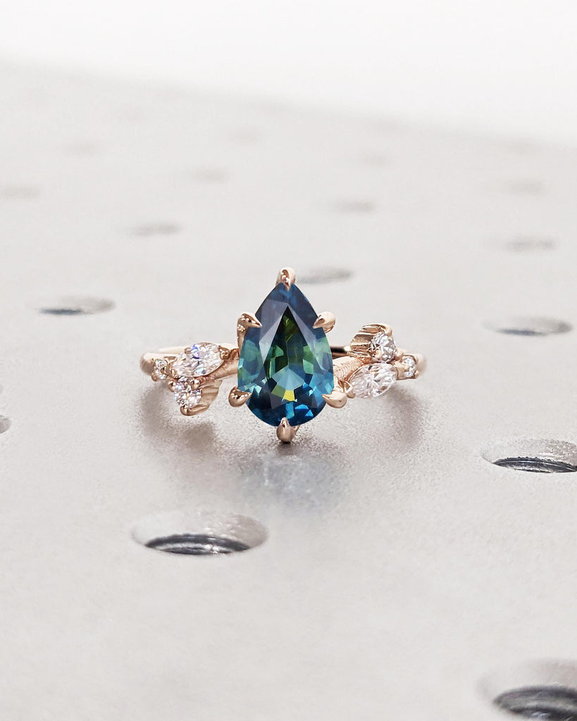 Pear Cut Nature Engagement Ring, Peacock Blue Green Teal Sapphire Ring, Leaf Shape Diamond Accents, Dainty Leaf Ring, Rose Gold Promise Ring