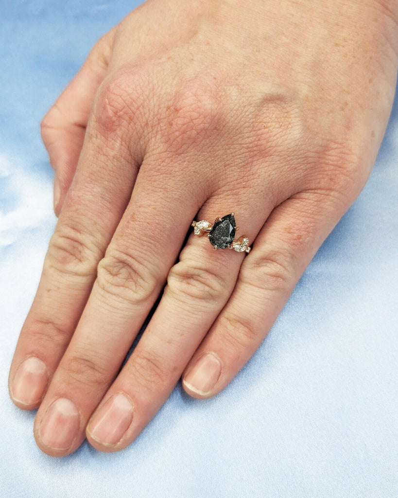 Salt and Pepper Diamond Ring, Dainty 14k Rose Gold Promise Ring, Art Deco Leaf Shape Marquise Pear Diamond Moissanite Ring, Unique Leaf Ring