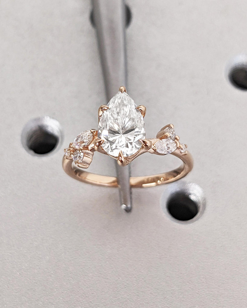 Pear Shaped Lab Diamond Nature Engagement Ring / Diamond Accent Leaves on Twig Ring / Dainty Leaf Ring / 14K Rose Gold / Unique Promise Ring