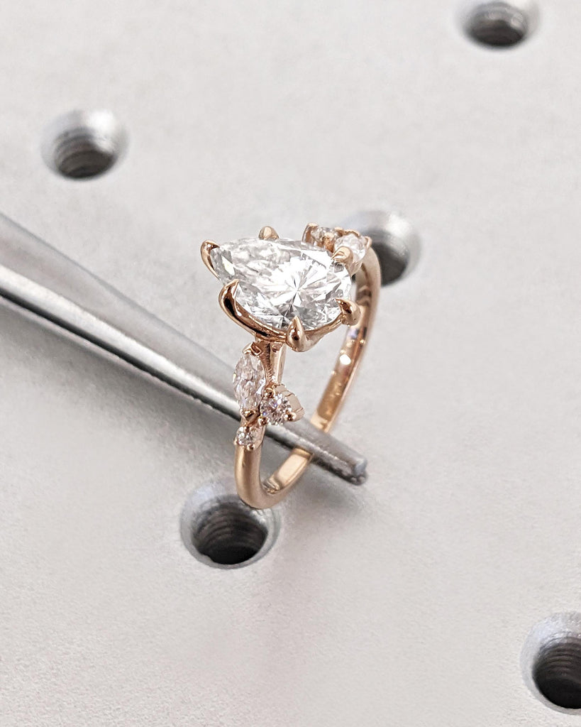 Pear Shaped Lab Diamond Nature Engagement Ring / Diamond Accent Leaves on Twig Ring / Dainty Leaf Ring / 14K Rose Gold / Unique Promise Ring