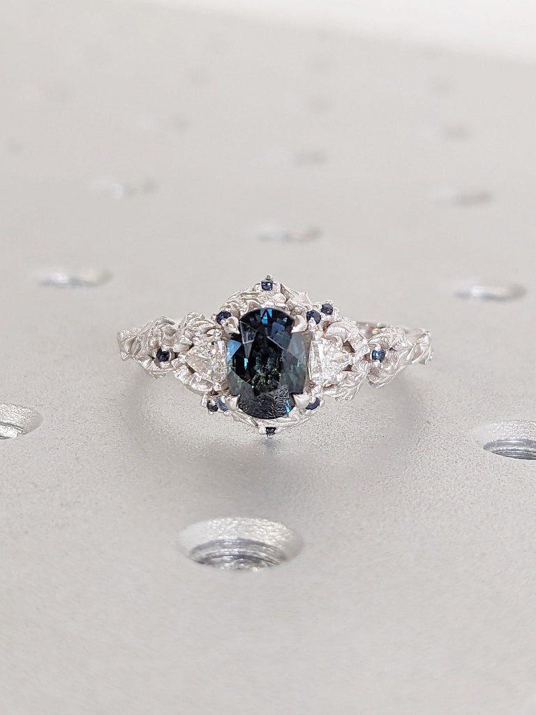 Nature Inspired Teal Sapphire Engagement Ring for Women | Oval Sapphire and Diamond Art Deco Promise Ring | Unique Wedding Anniversary Gift