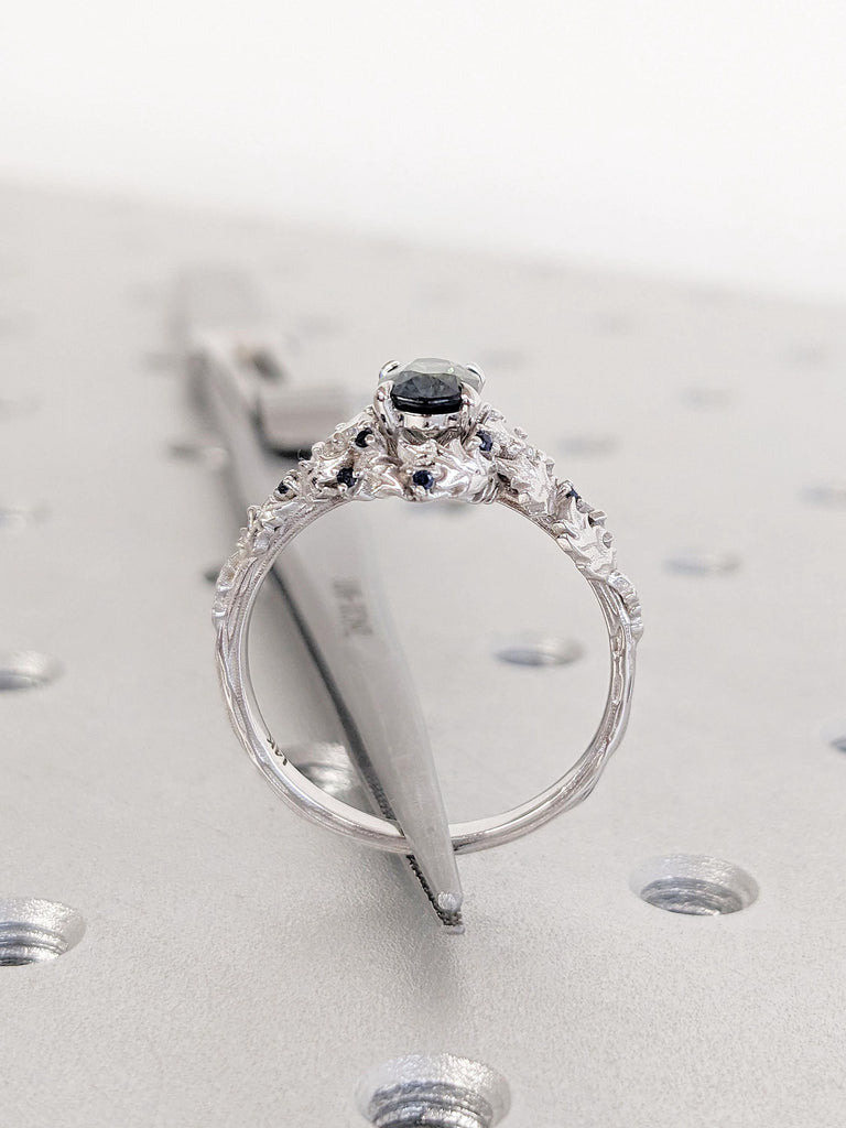 Unique Twig and Leaves Engagement Ring | 14k White Gold Sapphire Wedding Anniversary Ring for Wife | September Birthstone