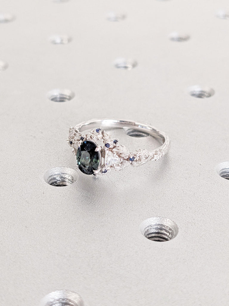 Nature Inspired Teal Sapphire Engagement Ring for Women | Oval Sapphire and Diamond Art Deco Promise Ring | Unique Wedding Anniversary Gift