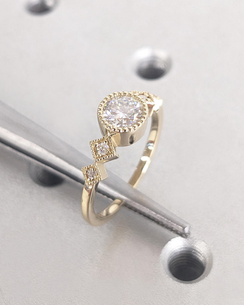5mm Moissanite Engagement Ring, Milgrain 14K Yellow Gold Wedding Band, Round Moissanite Ring, Unique Proposal Ring, Wedding Anniversary Gift