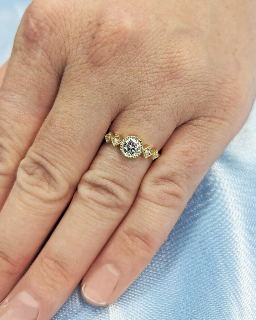 5mm Moissanite Engagement Ring, Milgrain 14K Yellow Gold Wedding Band, Round Moissanite Ring, Unique Proposal Ring, Wedding Anniversary Gift