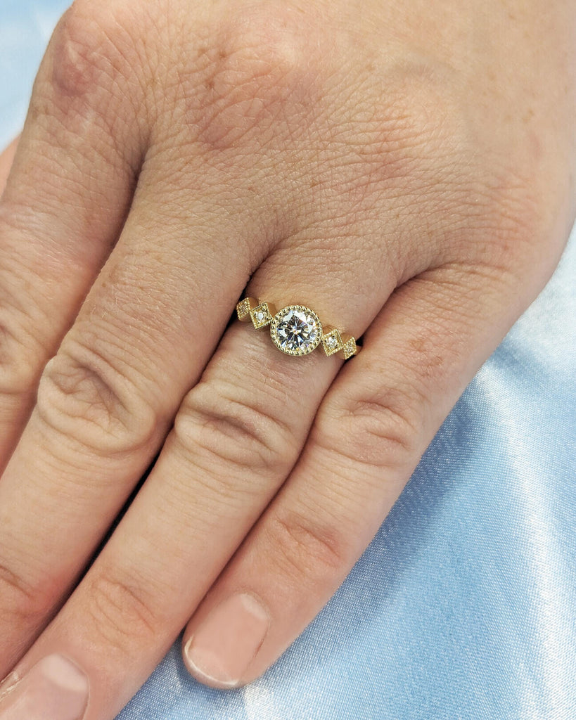 Bezel Set Moissanite Ring, Art Deco 14k Solid Gold Ring, Unique Anniversary Rings for Women, Vintage Milgrain Ring, Birthday Gift for Mom