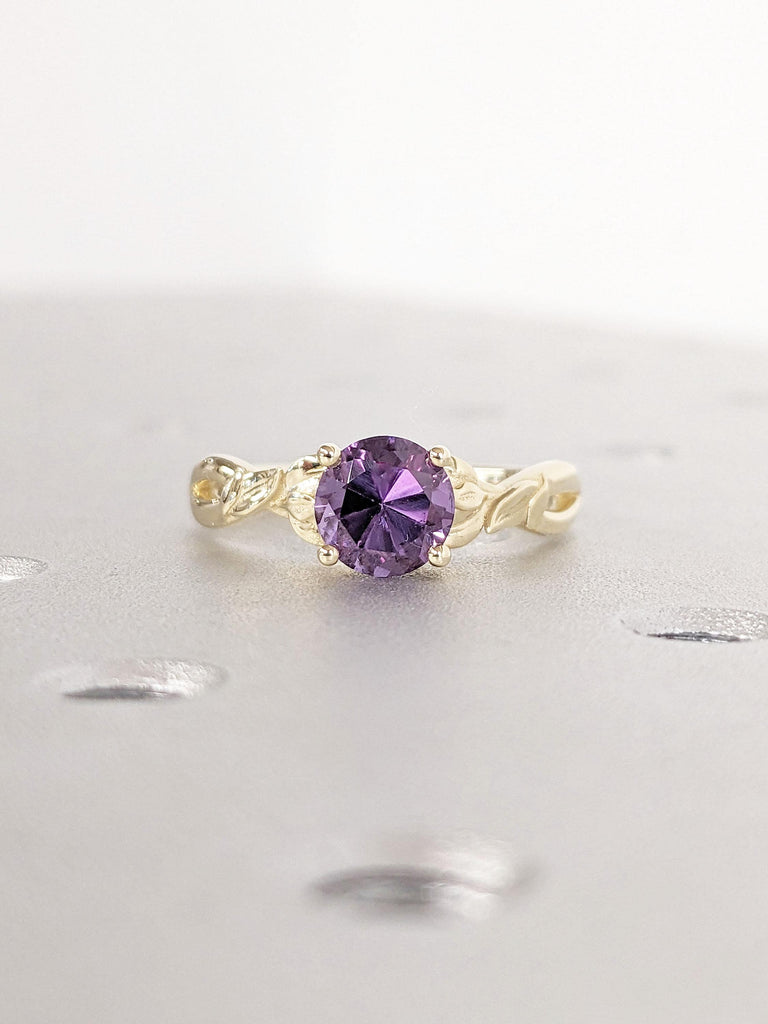 Nature Inspired Purple Lab Alexandrite Engagement Ring for Her | Solitaire Ring | 14K 18K Solid Gold Rustic Proposal Ring | June Birthstone