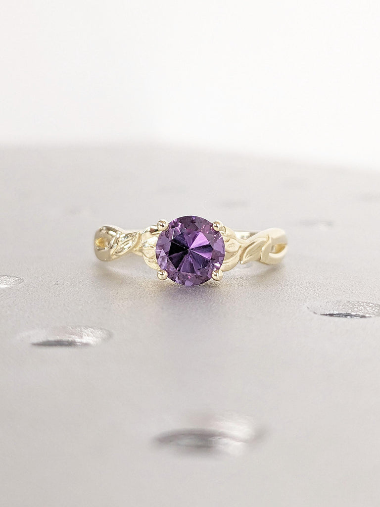 Nature Inspired Purple Lab Alexandrite Engagement Ring for Her | Solitaire Ring | 14K 18K Solid Gold Rustic Proposal Ring | June Birthstone