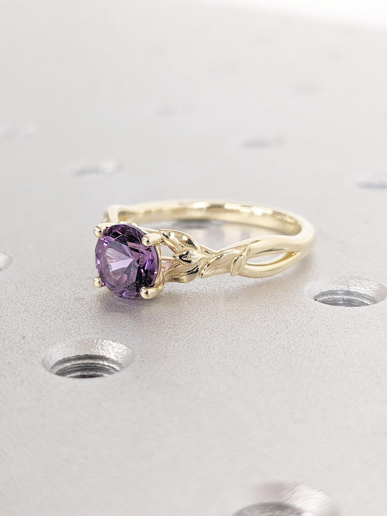 Nature Inspired Purple Lab Alexandrite Engagement Ring for Her | Solitaire Ring | 14K 18K Solid Gold Rustic Proposal Ring | June Birthstone