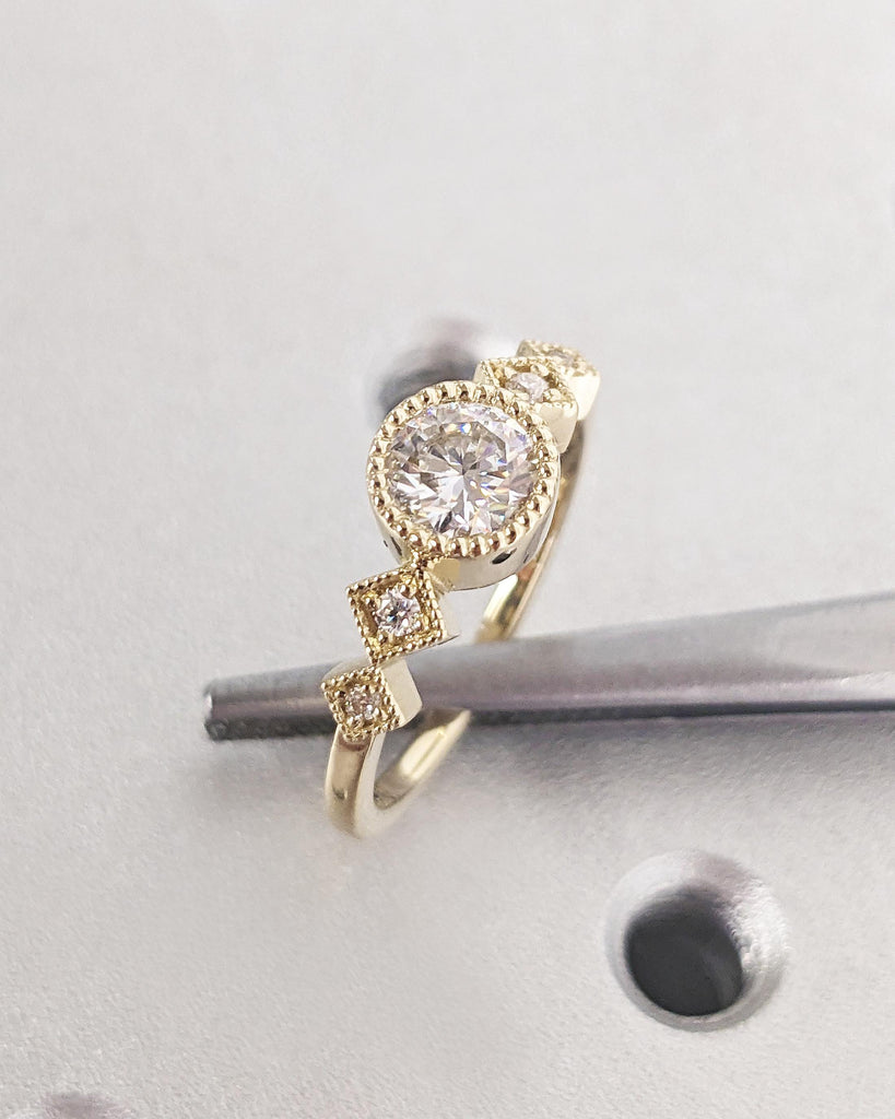 5mm Moissanite Engagement Ring, Milgrain 14K Yellow Gold Wedding Band, Round Moissanite Ring, Unique Proposal Ring, Wedding Anniversary Gift