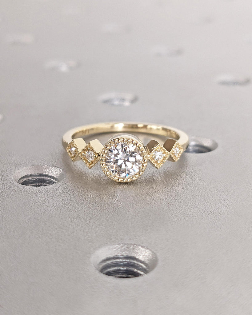 Vintage Wedding Ring - 5MM Round Moissanite Ring - Five Stone Bezel Set Ring - Alternative Engagement Ring - 14K Yellow Gold - Ring for Wife