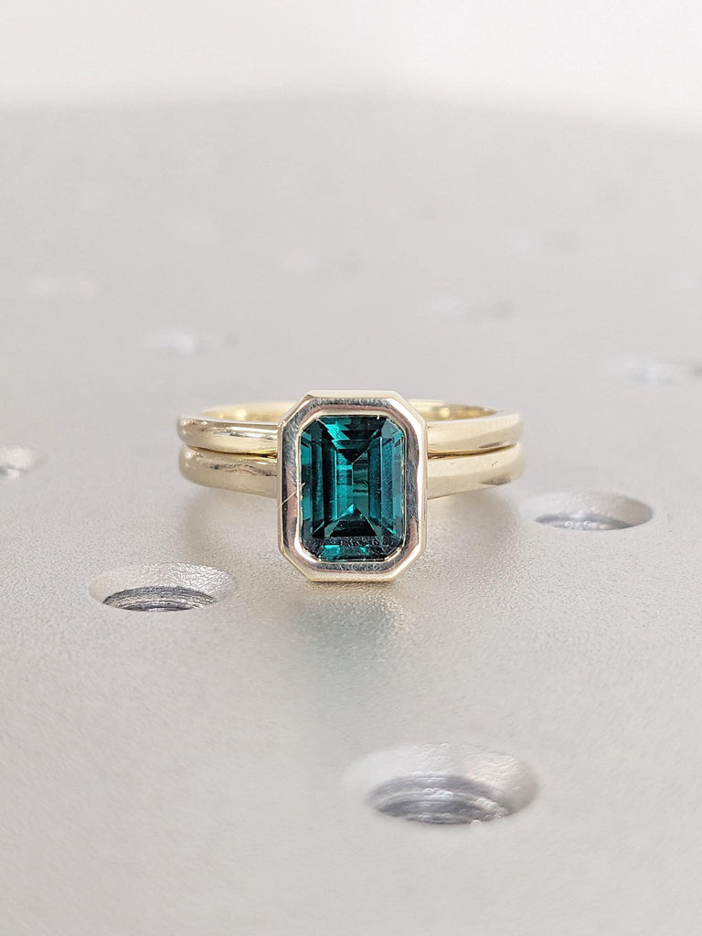 Emerald cut Lab Created Emerald Engagement Ring Set | Solid Gold Stacking Rings for Women | Solitaire Promise Ring for Her | Plain Gold Band