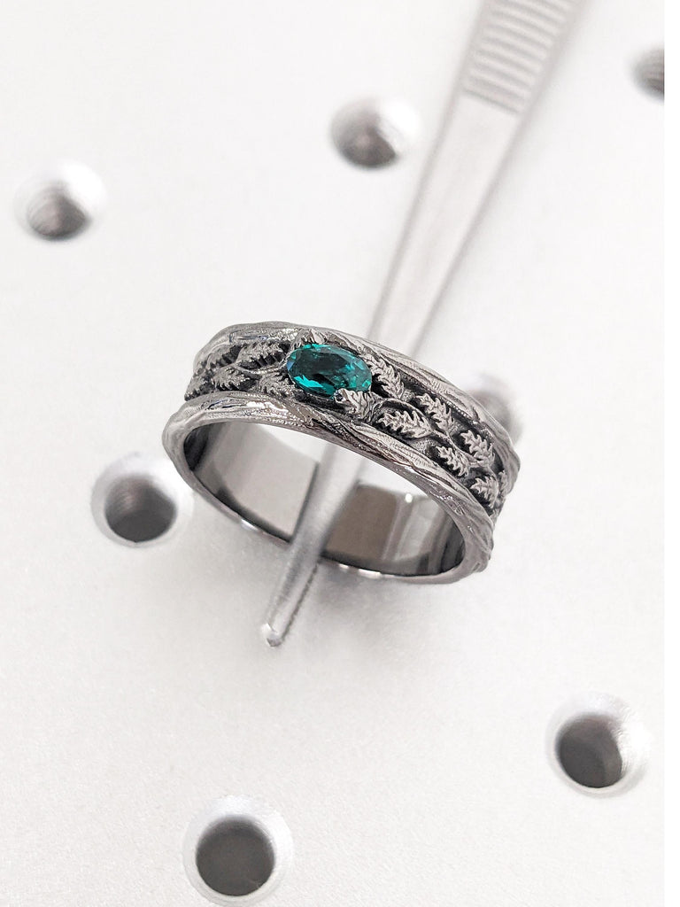 Vintage Ring for Men | 14k Black Gold Lab Emerald Ring | Mens Nature Inspired Ring | Unique Wedding Band for Him | Anniversary Gift for Men