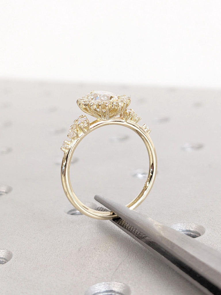Art Deco 14k Gold Rings for Women | Moissanite and Diamond Wedding Anniversary Ring for Wife | Marquise Halo Engagement Ring | Bridal Ring