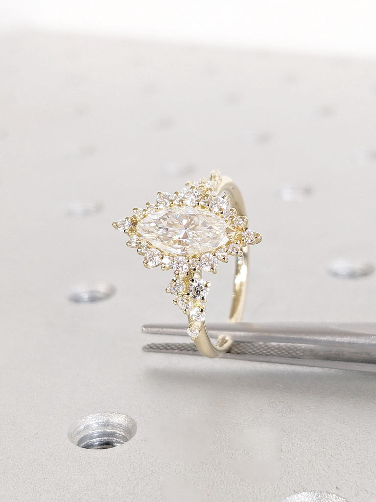 Art Deco 14k Gold Rings for Women | Moissanite and Diamond Wedding Anniversary Ring for Wife | Marquise Halo Engagement Ring | Bridal Ring