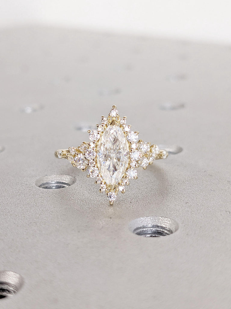 Marquise Lab Grown Diamond 14K Yellow Gold Engagement Ring | Unique Snowdrift Diamond Cluster Promise Ring | Art Deco Wedding Ring for Her