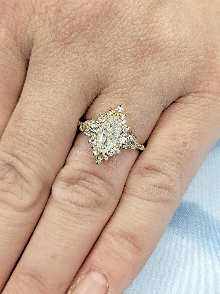 Marquise cut Lab Created Diamond 18K Yellow Gold Snowdrift Diamond Cluster Engagement Ring