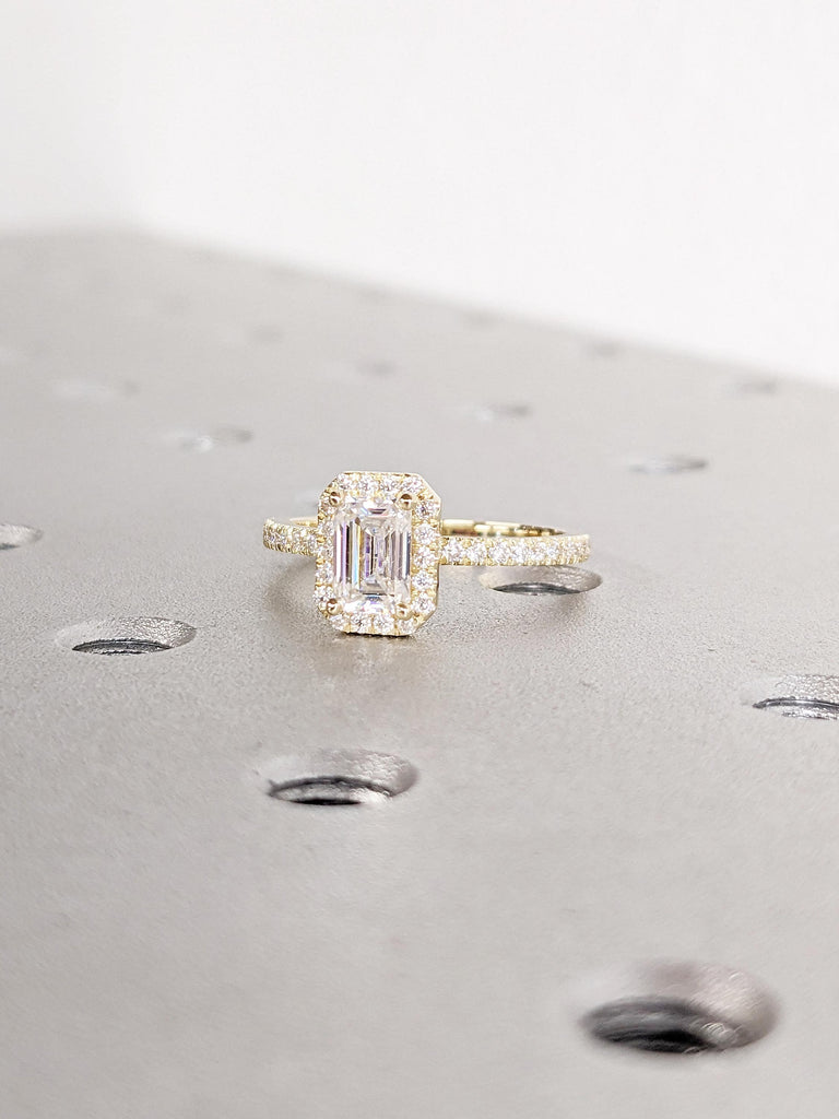 Emerald Cut Halo Moissanite Promise Ring | 14k Yellow Gold Ring | Half Eternity Engagement Ring | Art Deco Anniversary Ring | Gift for Women