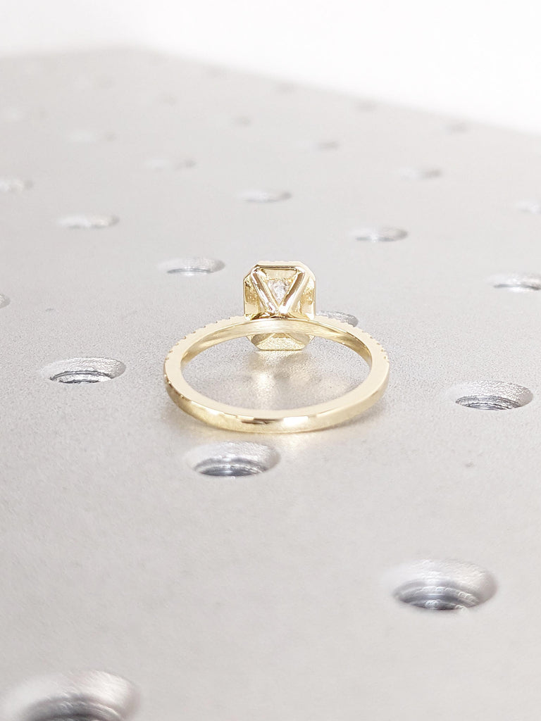 Emerald Cut Lab Grown Diamond Engagement Ring | Half Eternity 14k Yellow Gold Anniversary Ring | Halo Diamond Wedding Rings | Gift for Her