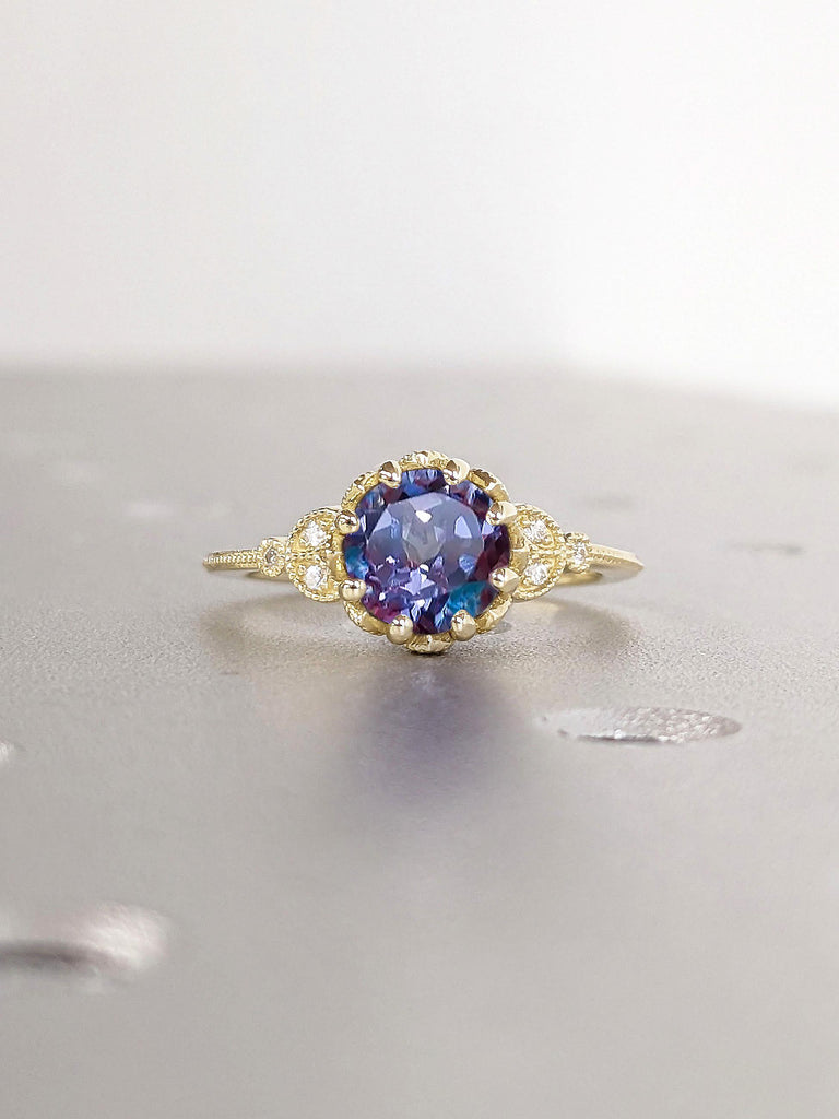 June Birthstone Blue Purple Gemstone Ring | Solid Gold Alexandrite Handmade Wedding Anniversary Ring | Rustic Engagement Ring Nature Inspired