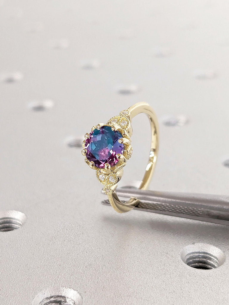 Unique Alexandrite Floral Engagement Ring | Round cut Engagement Ring | 14K Solid Gold Unique Leaf Ring | Milgrain Ring Promise Ring For Her