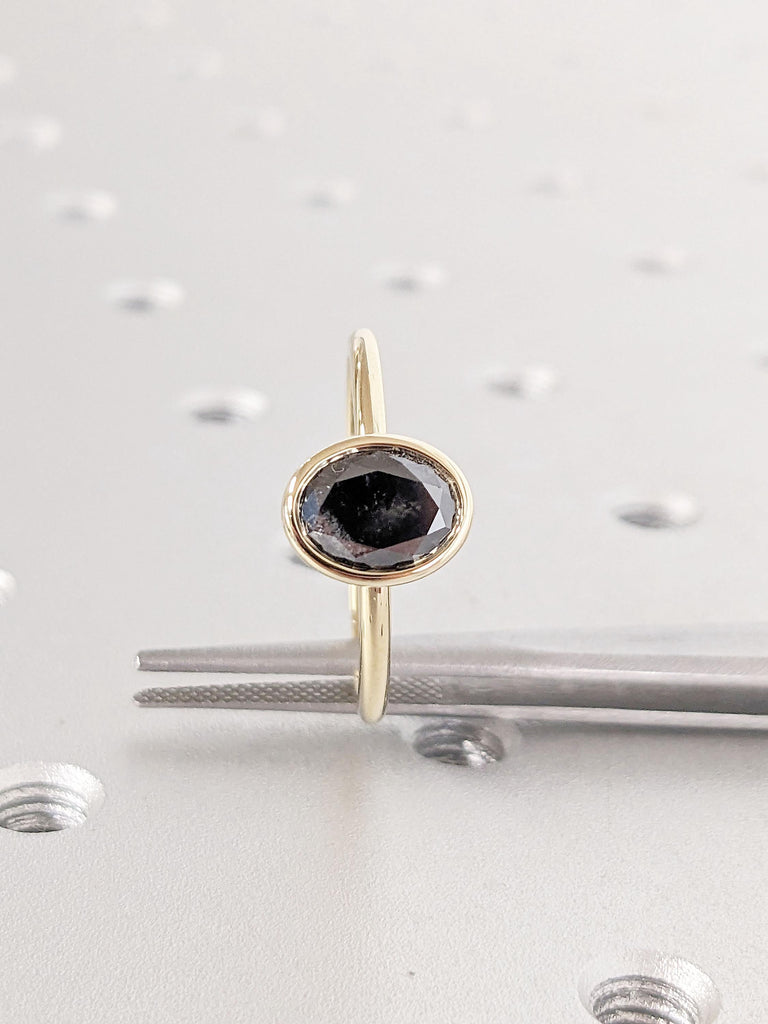 Bezel set Natural Salt and Pepper Black Diamond Simple Promise Ring for Her | Vintage Wedding Ring | 14k 18k Gold Ring | Woman Bridal Ring