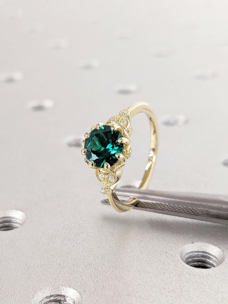 Unique Green Lab Emerald Floral Engagement Ring | Round Emerald Engagement Ring | 14K Solid Gold Unique Leaf Ring | Milgrain Ring Promise Ring For Her