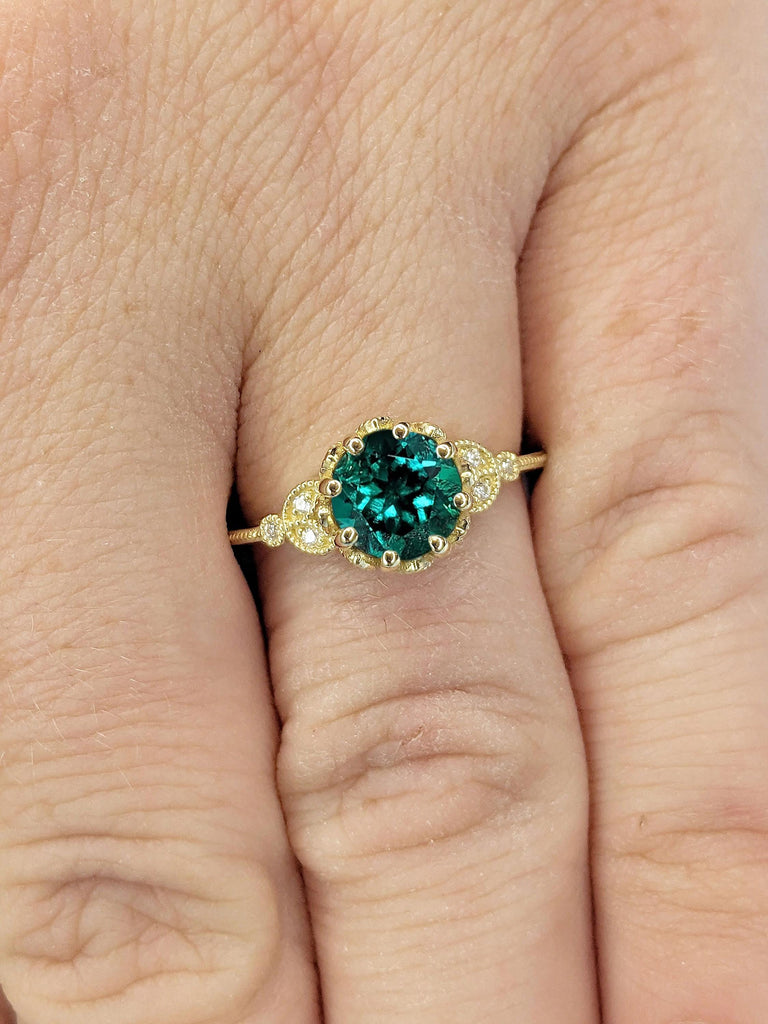 Vintage Round Emerald Floral Engagement Ring | 14k Yellow Gold Wedding Anniversary Ring | Leaf Wedding Band | May Birthstone Rings For Women