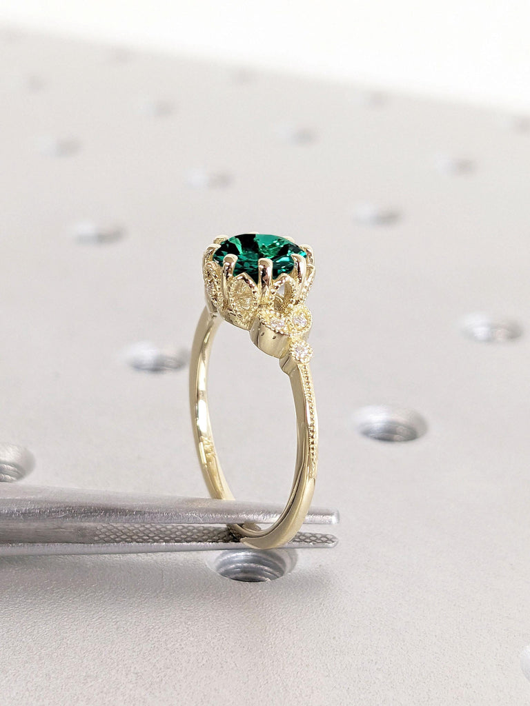 Nature Inspired Round Cut Lab Grown Emerald Engagement Ring | 14k 18k Yellow Gold Moissanite Cluster Ring | Art Deco Milgrain Promise Rings For Her