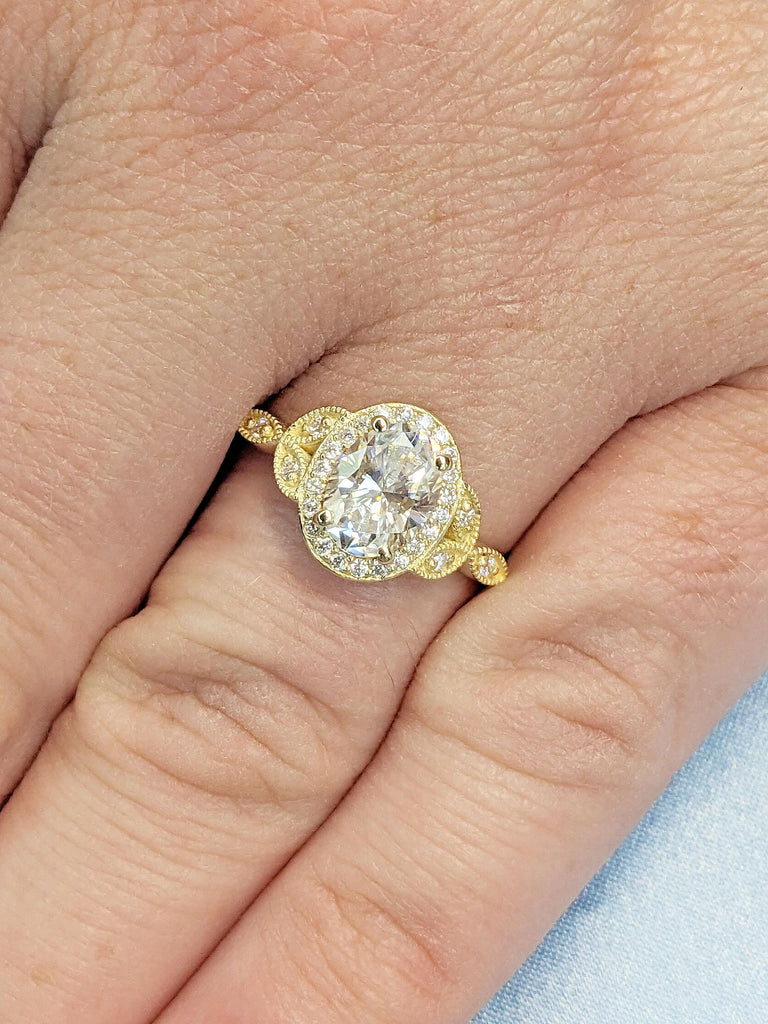 Vintage Oval Moissanite Halo Ring | Engagement Ring for Women | Solid Gold Rope Band | Nature Inspired Handmade Leaf Ring | Wedding Ring