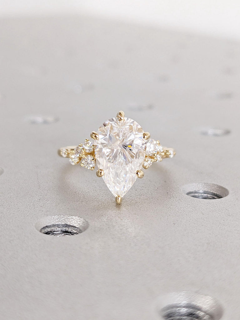 Pear cut Lab Grown Diamond 18K Yellow Gold Engagement Ring | Unique Snowdrift 6 Prong Diamond Cluster Promise Ring | Wedding Ring for Her