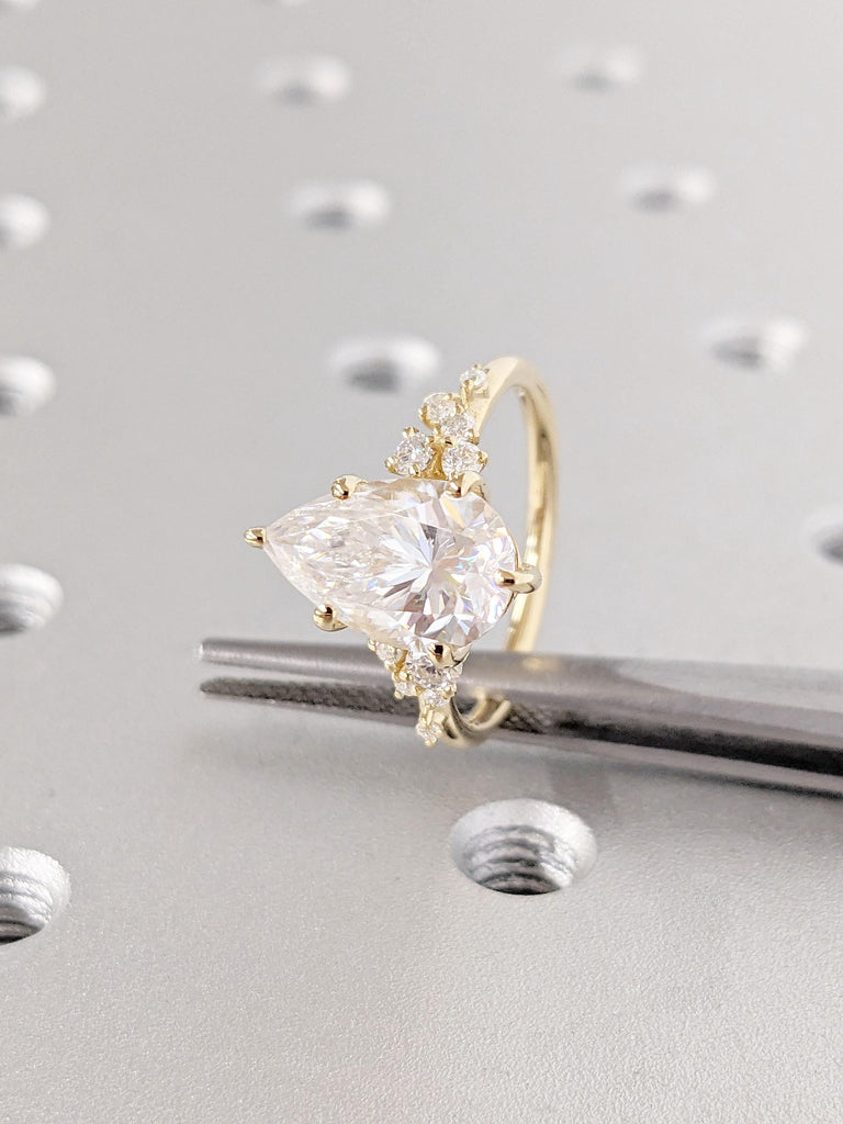 Pear cut Lab Grown Diamond 18K Yellow Gold Engagement Ring | Unique Snowdrift 6 Prong Diamond Cluster Promise Ring | Wedding Ring for Her