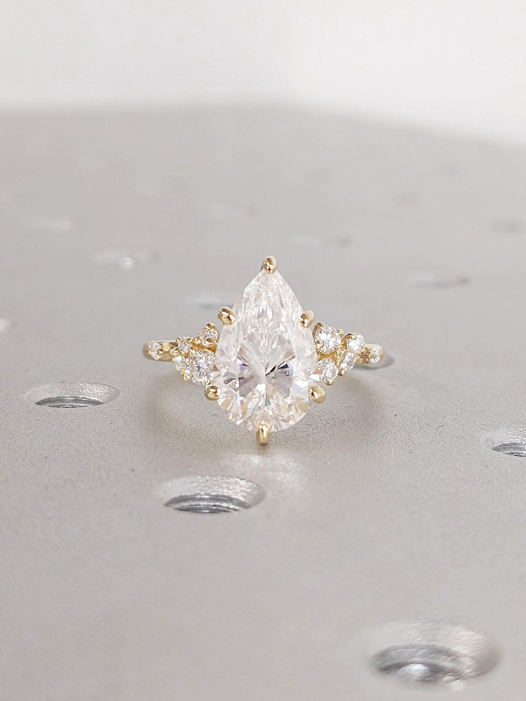 Pear cut VVS Moissanite 18K Yellow Gold Engagement Ring | Unique Snowdrift 6 Prong Lab Diamond Cluster Promise Ring | Wedding Ring for Her