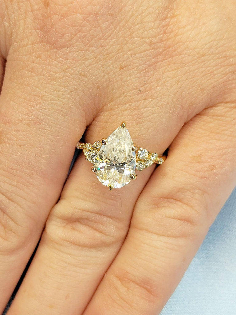 Pear cut VVS Moissanite 18K Yellow Gold Engagement Ring | Unique Snowdrift 6 Prong Lab Diamond Cluster Promise Ring | Wedding Ring for Her