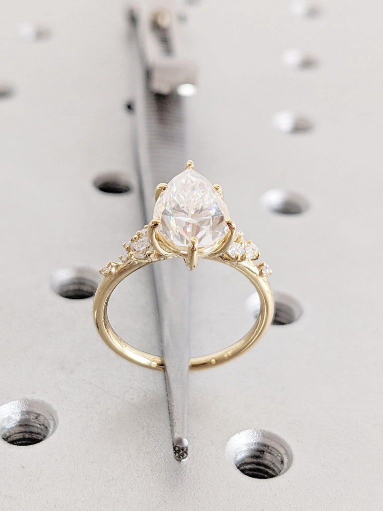 Pear cut VVS Moissanite 18K Yellow Gold Engagement Ring | Unique Snowdrift 6 Prong Lab Diamond Cluster Promise Ring | Wedding Ring for Her