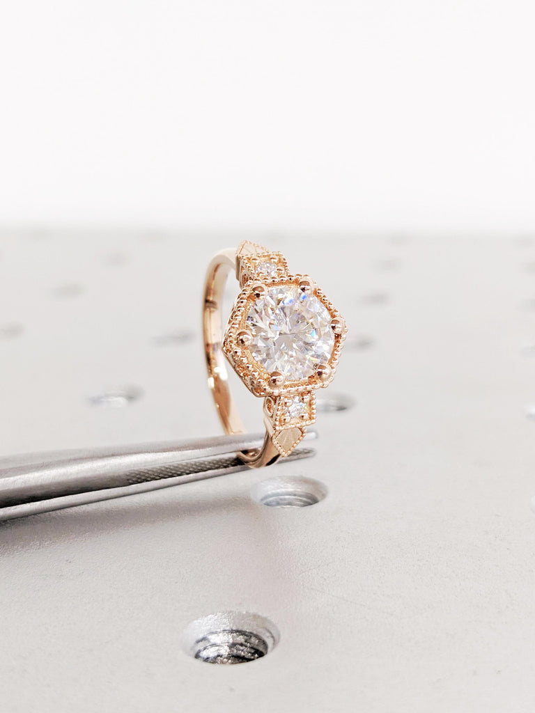 Antique Lab Grown Diamond Ring, Art Deco 14K Rose Gold Ring, Milgrain Diamond Promise Ring, Unique Wedding Ring, Anniversary Gift for Wife