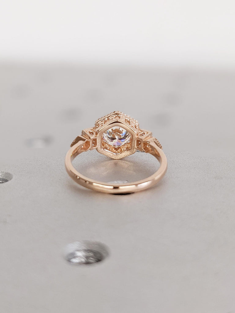 Art Deco Lab Grown Diamond Engagement Ring, Milgrain 14K Rose Gold Ring, Vintage Diamond Wedding Ring, Antique Ring, Birthday Gift for Her